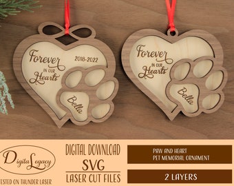 Personalized Pet Memorial Gift Laser Cut File SVG - Heart Paw SVG - Pet Memorial Ornament Laser File, Glowforge, Pet Remembrance Christmas
