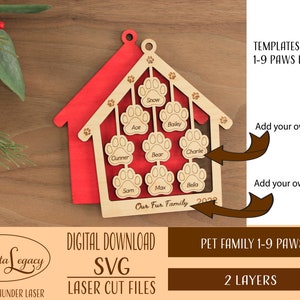 Pet Family  Ornament SVG, Dog House Paw Laser Cut File for Laser, 1-9 Paw Prints, Custom Pet Ornament SVG