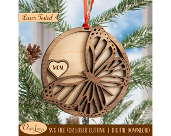 Unique Personalized Butterfly Memorial Ornament SVG - Laser Cut File - Christmas Ornament - Loss of Mom/Dad Gift - In Memory of - Glowforge