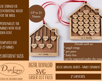 Family ornament svg files, Family Ornament SVG, House Ornament with 2-23 names, Laser Cut File for Laser, 2-23 Members Family Ornament 2025