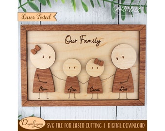 Our Family Sign SVG, 1 - 6 Kids BUNDLE Laser File - Personalized Gift for Mom, Dad, Grandma, Grandpa - Stick Figure Family - Love Name Sign