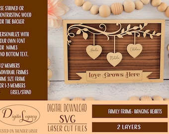 Mother&#39;s Day Family Tree SVG 1-12 Members Hanging Hearts - Digital Download Laser Cutting - Mother&#39;s Day Gift - Anniversary - SVG Files