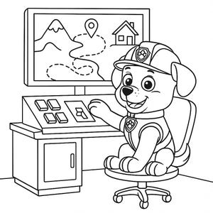 Könnte beinhalten: Schwarz-Weiß-Illustration eines Zeichentrickhundes in Uniform, der an einem Schreibtisch mit einem Computermonitor sitzt. Der Monitor zeigt eine Karte mit einem Berg, einem Haus und einer Standortmarkierung. Der Hund lächelt.