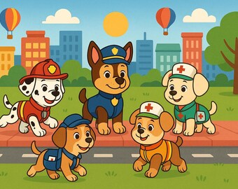 Rescue Dogs Cityscape Print | Cartoon Puppy Wall Art (digital Download ...