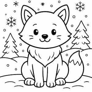 Op de afbeelding: Zwart-wit illustratie van een schattige vos die in een besneeuwde scène zit. De vos heeft grote ogen, een pluizige borst en een volle staart. Sneeuwvlokken en dennenbomen zijn ook aanwezig in het winterlandschap.