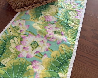 Floral Quilted Table Runner | Handmade Green & Pink Tropical Decor