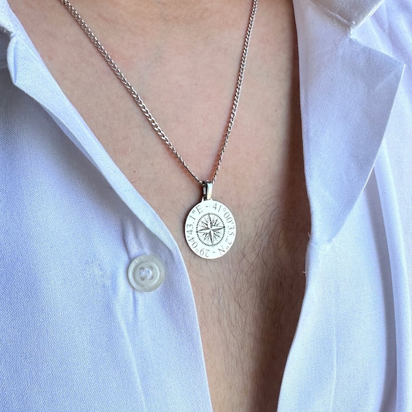 Custom Coordinate Compass Necklace, Engraved Necklace, Longitude Latitude Jewelry, Coordinates Jewelry, Compass Jewelry, Travel Jewelry