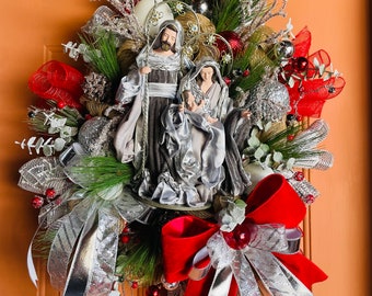 Nativity Wreath, Christmas Wreath, Religious Door Hanger, Jesus is the Reason, Silver and Red