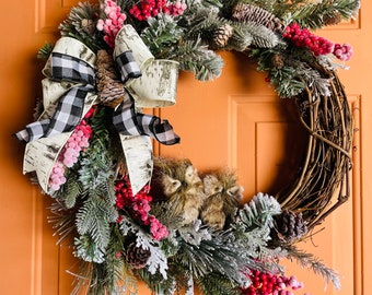 Winter Wreath, Grapevine Owl Wreath, Christmas Wreath, Red berries