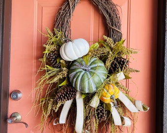 Fall Grapevine wreath, white pumpkin, neutral autumn decor