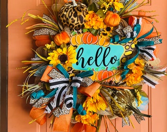 Fall wreath, everyday, teal leopard, turquoise cheetah decor, pumpkin wreath, hello fall