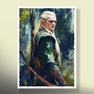 Puede incluir: Una pintura de un personaje de elfo ficticio con cabello largo y blanco, vistiendo una túnica verde y sosteniendo un arco y una flecha. El fondo es una escena de bosque borrosa.