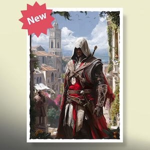 May include: A man in a hooded red and black costume stands in a city setting. He is holding a sword and has a dagger in his belt. The city is in the background and there are buildings and trees.