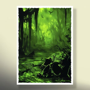 May include: A green and black skull lies in a swampy, foggy forest. The skull is partially submerged in the water, with a few bones scattered around it. The forest is dense and overgrown, with tall trees and thick foliage. The atmosphere is eerie and mysterious.