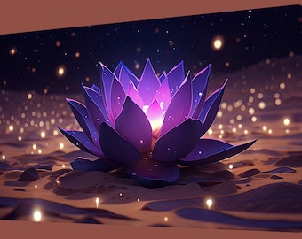 May include: A purple and pink lotus flower with glowing lights in the background. The flower is sitting on a sandy surface.