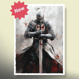 May include: A painting of a knight in armor holding a sword. The knight is wearing a white robe with a red cross on the chest. The background is a gray and white abstract design.