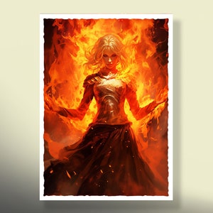Puede incluir: Una mujer con el pelo largo y rubio se encuentra en un infierno de fuego naranja y amarillo. Lleva un vestido oscuro y una coraza plateada. Las llamas giran a su alrededor, y parece que las controla.