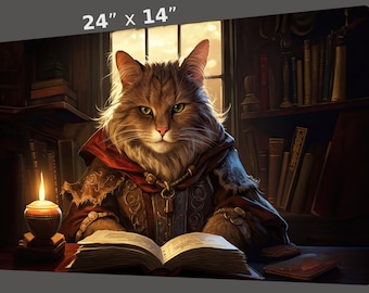 Wise Cat - MTG Playmat – 24×14 Fantasy TCG Mat, Colorful/Sharp Print