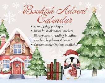 May include: A watercolour illustration for a "Bookish Advent Calendar" featuring a red house, Christmas trees, and a penguin in a Santa hat and scarf. Includes bookmarks, stickers, and other items.