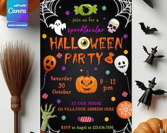 May include: A black Halloween party invitation with orange and purple text and graphics. The invitation includes a pumpkin, ghost, skull, and candy corn. The text reads "Join us for a spooktacular Halloween party."