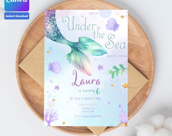 Mermaid Tail Birthday Invitation, Under the Sea Birthday Invitation Girl, Editable Birthday Template, Purple Teal Mermaid Birthday