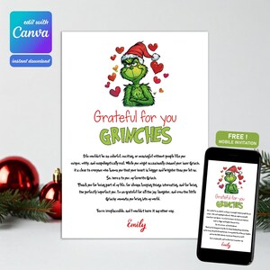 May include: A white card featuring a Grinch illustration in a Santa hat, surrounded by hearts, with the text "Grateful for you GRINCHES". A phone shows the same design. The top left corner has "edit with Canva" text.