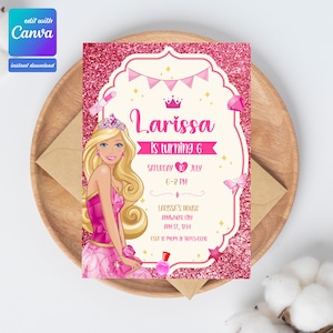 Convite de boneca de moda editável, festa de aniversário de boneca rosa, convite de aniversário de princesa rosa, convite de boneca, modelo para impressão