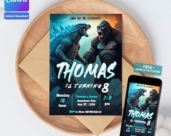King Kong vs Godzilla Birthday Invitation: Kid Invite, Editable Canva