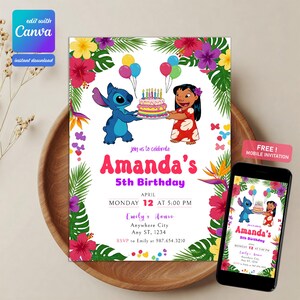 Editable Lilo and Stitch Birthday Invitation, Printable Cartoon Birthday Invitation, Digital Kids Party Invite, Canva template