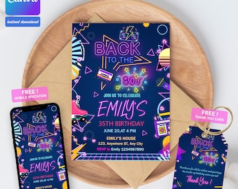 May include: A printable invitation and thank you card set with a retro 80s theme. The invitation features a neon blue background with pink, yellow, and purple geometric shapes and text that says "Back to the 80s" and "Join us to celebrate Emily's 35th Birthday". The thank you card features a similar design with the text "Back to the 80s" and "Thank You! Love, Emily".