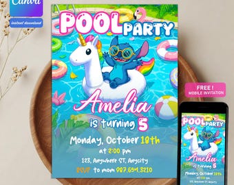 May include: Pool party invitation featuring a unicorn float and Stitch character. The invitation is for Amelia's 5th birthday, with date, time, and location details. A mobile invitation is also available.