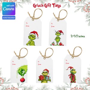 以下が含まれることがあります： 白い Grinch ギフトタグ、ジュート紐付き。サンタ帽をかぶった Grinch が特徴です。各タグは 5.08 cm x 8.89 cm で、「宛先」と「差出人」の詳細を記載するスペースがあります。「Grinch Gift Tags」の文字が上部にあります。