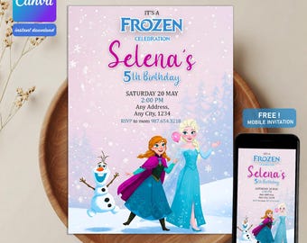 Frozen Birthday Invitation: Editable Winter Snow Party, Canva Template (Digital Download)