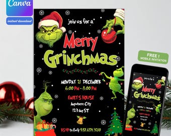 Bewerkbare sjabloon uitnodiging Grinchmas-feestje (digitale download)