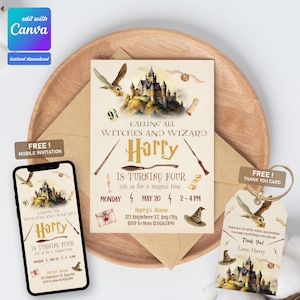 以下が含まれることがあります： ハリーポッターをテーマにした誕生日招待状。水彩画で描かれたホグワーツ城、フクロウ、魔法の杖が描かれています。招待状には「Calling all Witches and Wizard Harry is turning four. Join us for a magical time. Monday, May 20, 2-4 PM. Harry's House, 123 Anywhere ST, Any City. RSVP to Mom 1234567890」と書いてあります。
