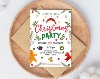 May include: A Christmas party invitation on a wooden plate with a brown envelope. The invitation features a Santa hat, Christmas tree sprigs, and the text "Christmas Party" in red and green. The invitation includes the date, time, and location.