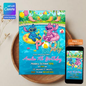Stitch Pool Party Birthday Invitation for Girl Editable Stitch Invitation Hawaii party invite Tropical birthday invitation