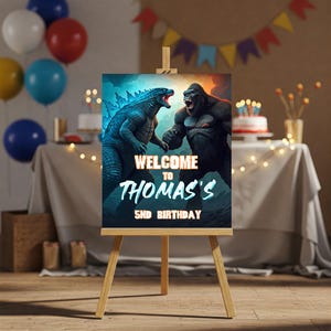 Panneau de bienvenue Godzilla X King Kong, affiche d'anniversaire Godzilla, décoration d'anniversaire GodzillaXKingKong, anniversaire imprimable, téléchargement numérique