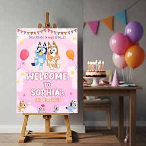 Letrero de bienvenida de cumpleaños de niña Bluey, póster de fiesta Bluey, decoración, descarga instantánea en Canva