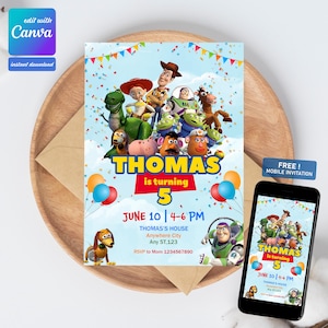 Modèle d'invitation d'anniversaire Toy Story modifiable pour enfants, invitations de fête d'anniversaire imprimables, modèle numérique d'invitation de fête d'enfants carte d'anniversaire