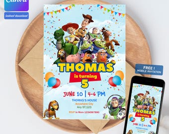 Plantilla de invitación de cumpleaños de Toy Story editable para niños, invitaciones de fiesta de cumpleaños imprimibles, plantilla de invitación de fiesta infantil digital, tarjeta de cumpleaños