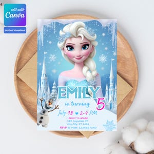 May include: A blue and white birthday invitation featuring a cartoon image of Elsa from the movie Frozen. The invitation says "Emily is turning 5" and includes details for the party, including the date, time, and location.