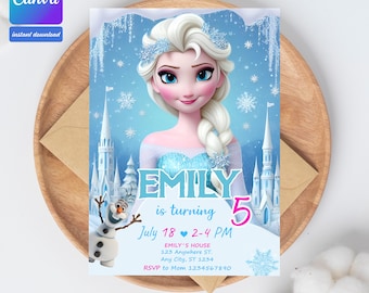 Verjaardagsuitnodiging Elsa: Frozen Party, 5 x 7 bewerkbaar (digitaal)