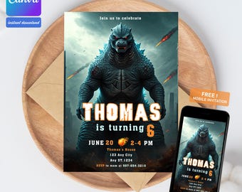Godzilla Birthday Invitation: Editable Monster Party Invite (Digital)