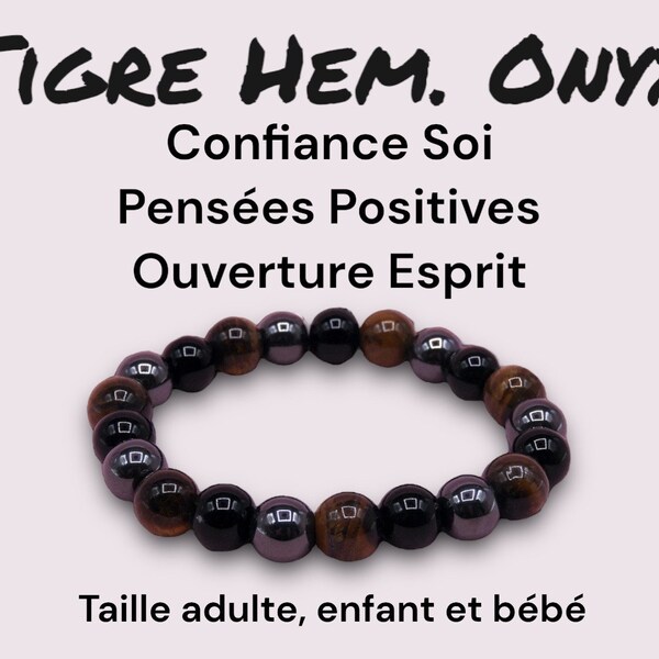 Bracelet en Pierre Naturelle - Oeil du tigre Hématite Onyx - Confiance en soi Pensée Positive Ouverture d'esprit