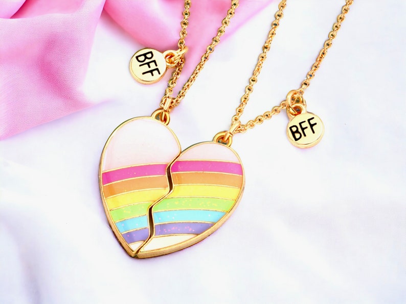 ENFANT Lot de 2 Chaines Colliers D'amitié Coeur Arc en ciel BFF Best Friends Forever Fantaisie Pendentif Aimanté afbeelding 6