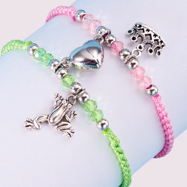 Lot de 2 Bracelets Cordon Réglable D'amitié ou Amour Coeur Aimanté Princesse et Grenouille - BFF Best Friends Forever - Fantaisie - Perles