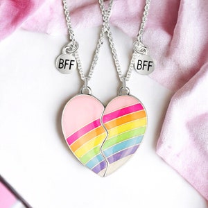 NIÑOS Juego de 2 Cadenas de Collar de la Amistad Corazón Arco Iris BFF Best Friends Forever Fantasía Colgante Magnético imagen 2