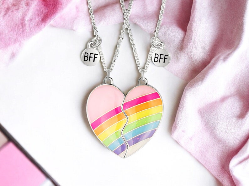 ENFANT Lot de 2 Chaines Colliers D'amitié Coeur Arc en ciel BFF Best Friends Forever Fantaisie Pendentif Aimanté afbeelding 2