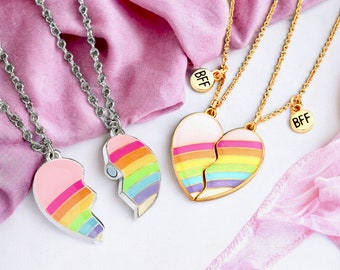 BAMBINI - Set di 2 catene per collane dell'amicizia con cuori arcobaleno - Migliori amiche per sempre - Fantasia - Ciondolo magnetico